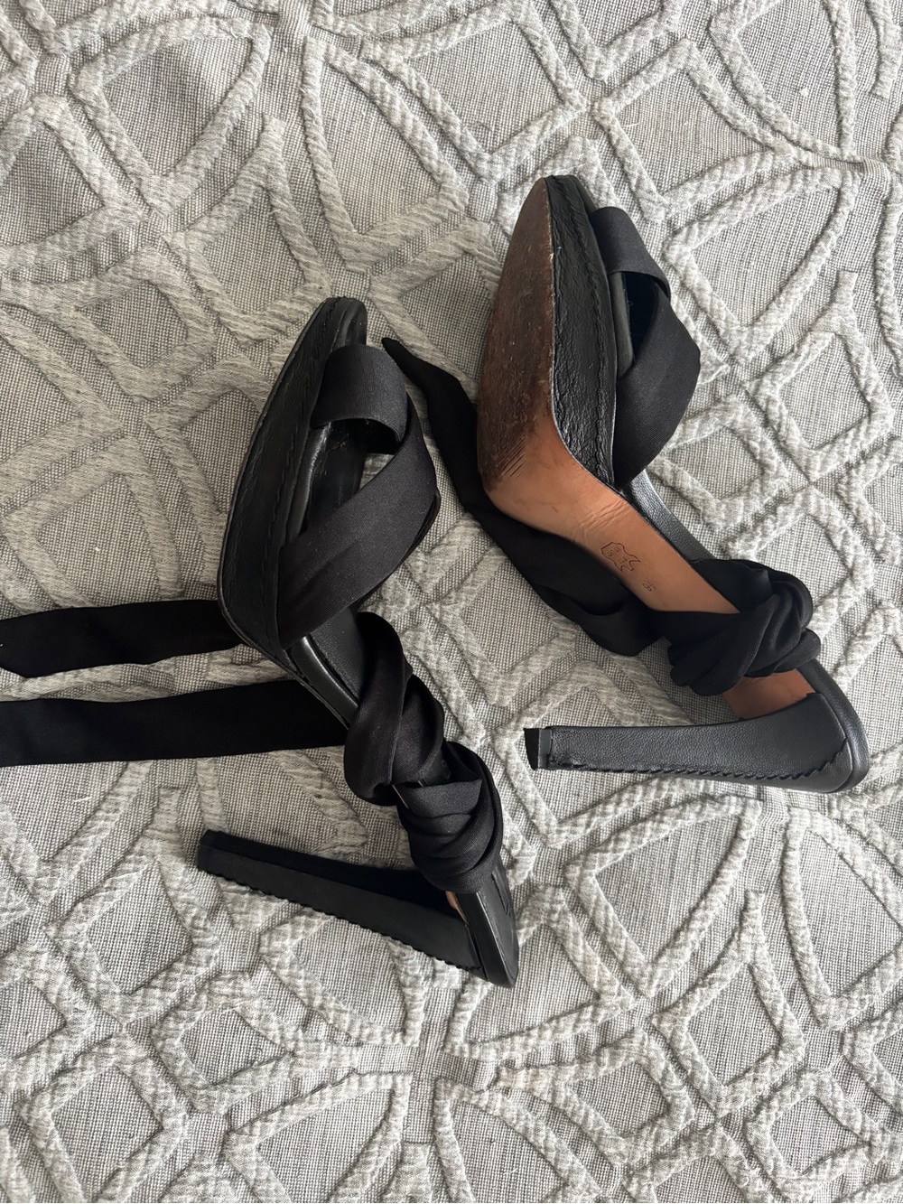 BCBGMaxAzria Black Knotted Wrap-Heel Sandals